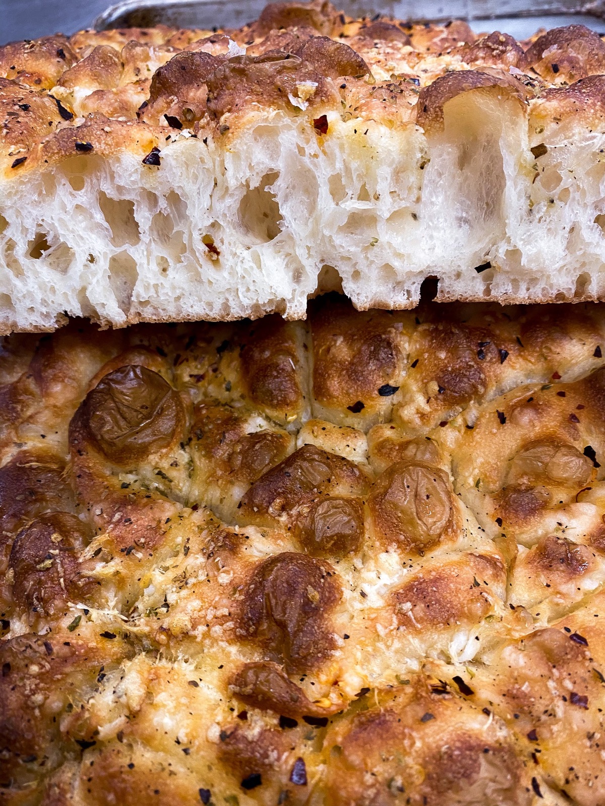 Vegan focaccia crumb, slow-fermented